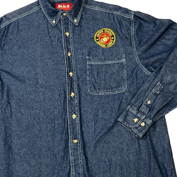 Vintage Long Sleeve Denim Jean Marine Corps Military Patch Shirt - Picture 4 of 10
